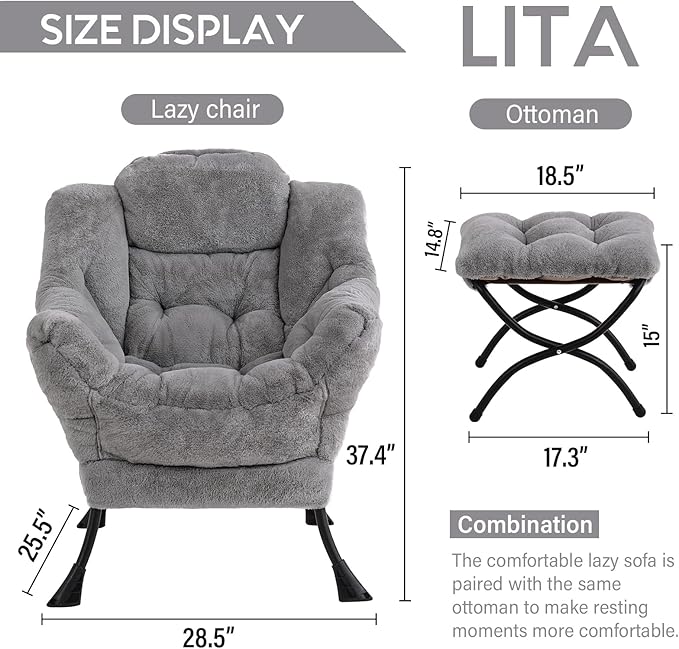 LITA Lazy Chair with Ottoman, Modern Accent Leisure Upholstered Sofa, Contemporary Lounge Reading Chair with Armrests and a Side Pocket for Living Room, Bedroom & Small Space, Plush Grey
