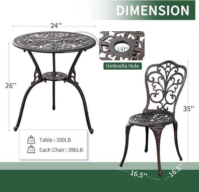 Outdoor Bistro Set 3 Piece Patio Bistro Set with Umbrella Hole, Weather Resistant Bistro Table and Chairs Set of 2 for Porch Garden, Bronze