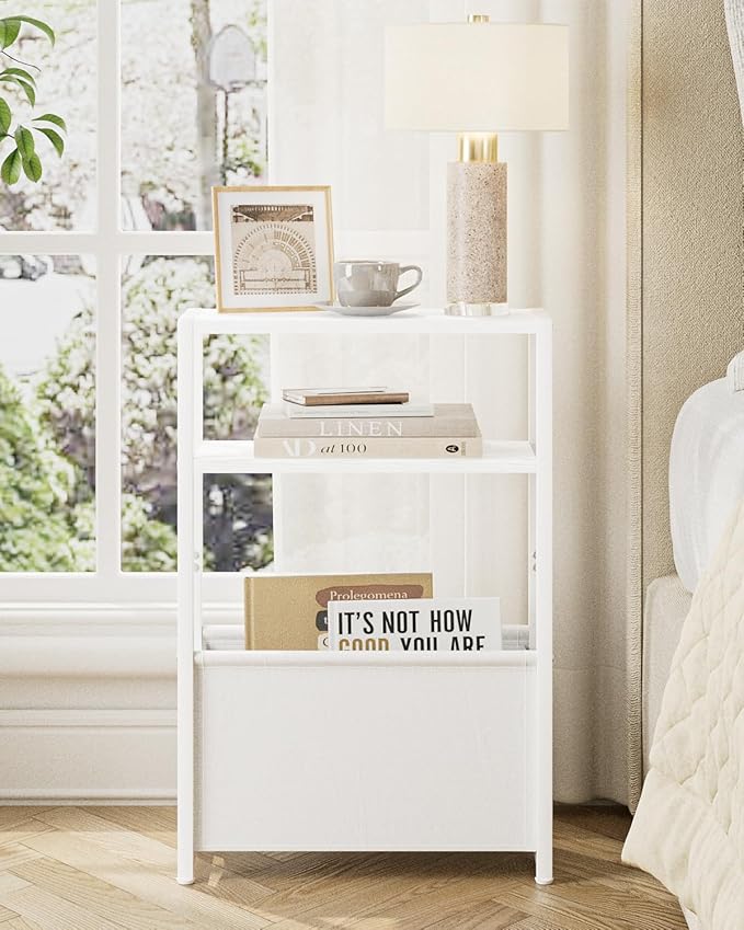 Narrow Side Table, 3-Tier Side Table with Storage Bag, Narrow Nightstand for Small Spaces, Bedside Table for Living Room, Bedroom, White