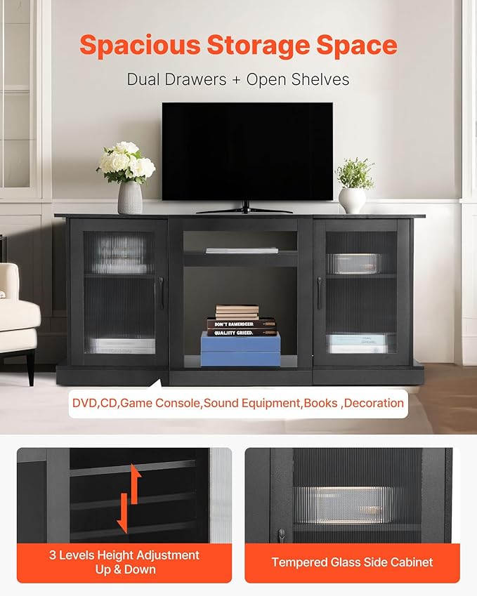 VEVOR TV Stand for TVs up to 65 inch, Modern Entertainment Center with Light Strip, Wooden TV Cabinet Storage with Glass Doors and Adjustable Shelves, Console Table for Living Room and Bedroom, Black