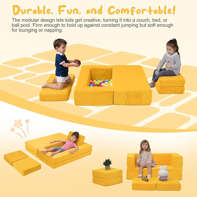 MeMoreCool Modular Kids Couch, Corduroy Play Toddler Couch for Bedroom Playroom Furniture, Convertible Foam Kids Sofa Bed, Fold Out Baby Sofa for Girl Boy, Yellow