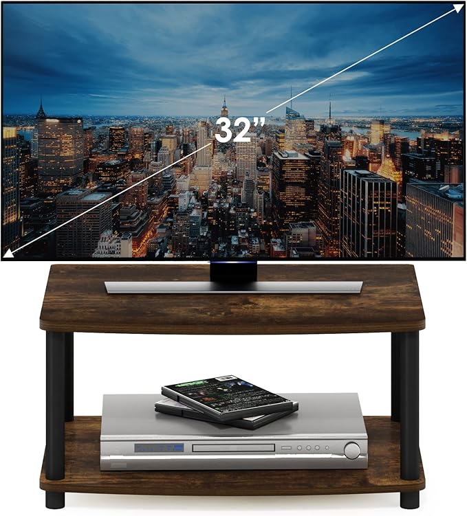 Furinno Turn-N-Tube 2-Tier TV Riser, Small Elevated No Tools TV Stand for TV up to 32 inch, 15.8" x 23.8" x 11", Amber Pine/Black