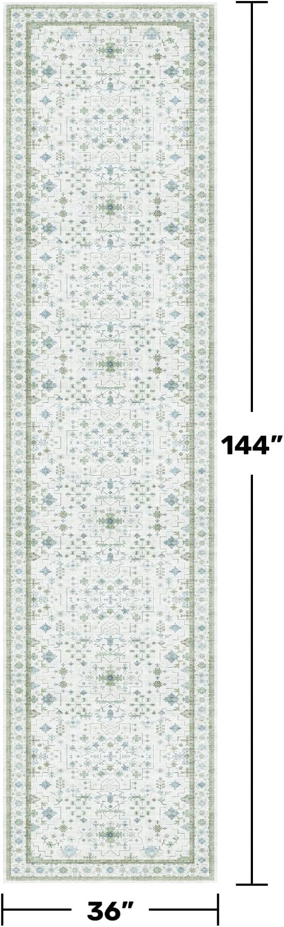 Oushak 3x12 Wide Hallway Runner Rug - Vintage Turkish Floral, Washable Low Pile Non Slip 12ft Long Runners for Large Kitchen, Hall Way - Light Blue and Green