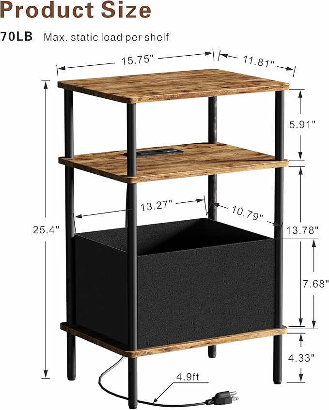 Small Side Table with Charging Station, End Table for Small Spaces, Slim Nightstand with Outlet,Sofa Beside Table, 3-Tier Storage Shelf,Living Room, Bed Room, Rustic Brown