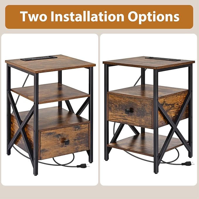 Nightstand Set of 2 with Wireless Charging and USB Ports, End Table Set 2 with Outlets, Bedside Table End Tables with Drawer, Small Night Stand for Bedroom, Living Room, Side Table, Brown