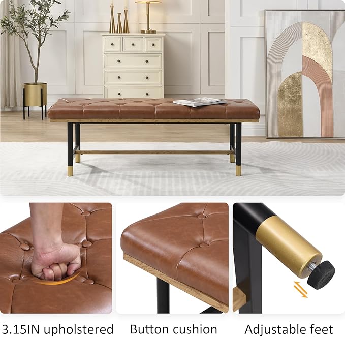 Modern Faux Leather Bench for Living Room and Bedroom, End of Bed Entryway Bench with Solid Metal Shelf, Padded Seat, Brown