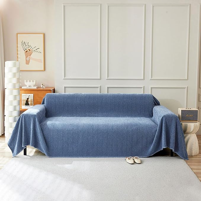 STACYPIK Stylish Blue Sofa Cover Chenille Herringbone Couch Covers for 3 Cushion Couch Cat Scratches Couch Covers for Sectional Sofa Pet Protector Futon Loveseat Cover Multi-Use Throw Blanket-71x150IN