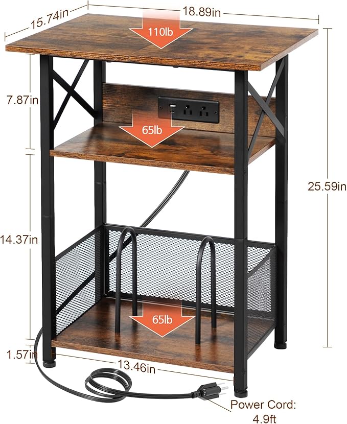 AMHANCIBLE Record Player Stand with Charging Station, Large Turntable Stand with Storage Cabinet, 3 Tier End Table Hold Up to 100 Albums, Record Stand for Vinyl, Living Room, Brown, HETCD012BR-1