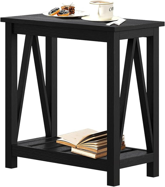 ChooChoo Farmhouse End Table, Narrow Side Table, Slim End Table with Storage Shelf for Small Spaces, Rustic Nightstand, for Living Room, Bedroom Black