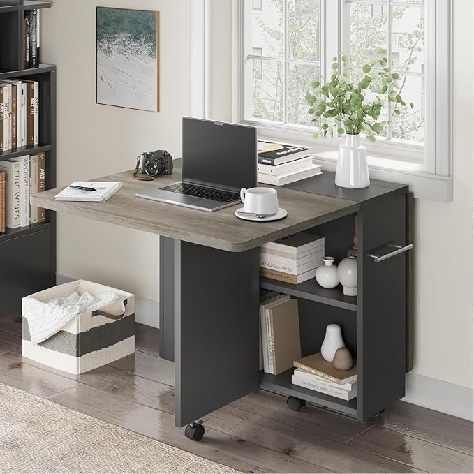 GarveeHome Folding Dining Table, Space Saving Farmhouse Dining Table for 4 Storage Shelf, 6 Wheels Multipose Expandable Kitchen Drop Leaf Table for Small Space (Carlo Grey, 47.2"D x 23.6"W x 29.5"H)