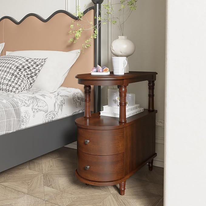 Wood End Table with 2 Drawers and Storage Shelf, Narrow Sofa Side Table for Living Room, Vintage Slim Nightstand Bedside Table for Bedroom, Slim Chair Side Table Cherry Walnut BG-A508-CY