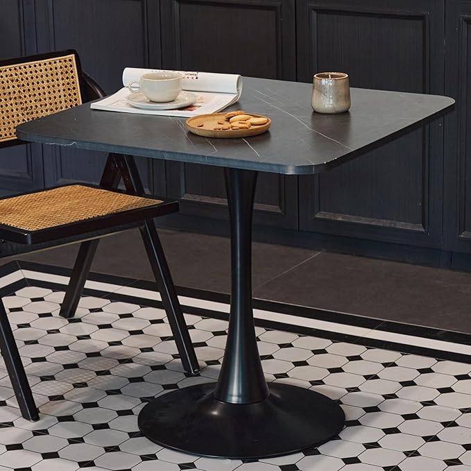 Square Modern Dinning Table 30 inches for 2-4 Bistro Tulip Table with Faux Marble top,Easy Assemble,Sturdy Metal Frame Diameter 30in*H28.74in (Black, 30in)