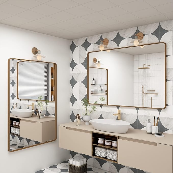 48x30 Inch Gold Bathroom Mirror for Wall, Brushed Brass Metal Framed Gold Vanity Mirror, Rounded Rectangle Golden Mirror, Shatterproof, Anti-Rust (Horizontal/Vertical)