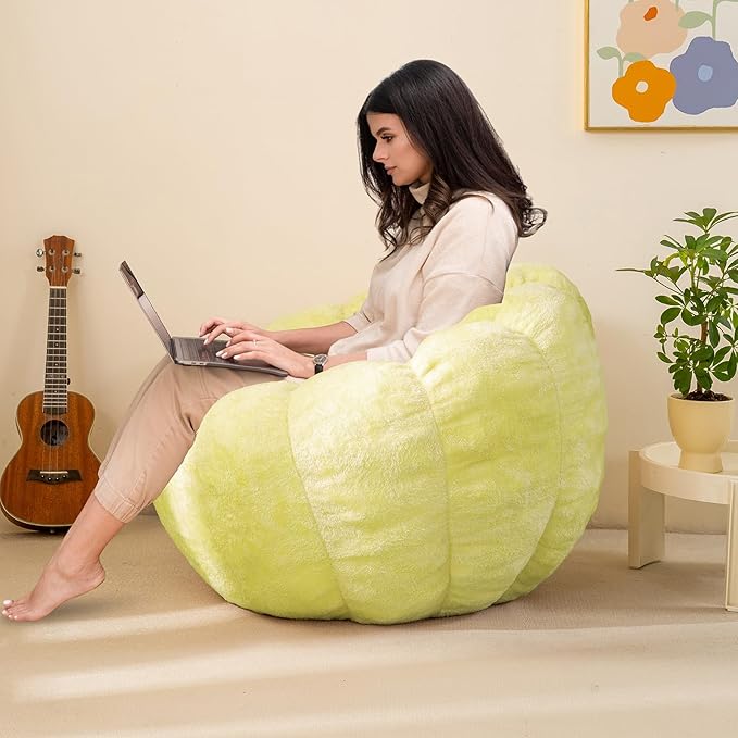 Pumpkin Bean Bag Sofa Chair, Bean Bag Chair with Filler for Teens, Kids, Toddler, Comfy and Lazy Sofa for Dorm, Apartment, Living Room and Bedroom, Grass Green