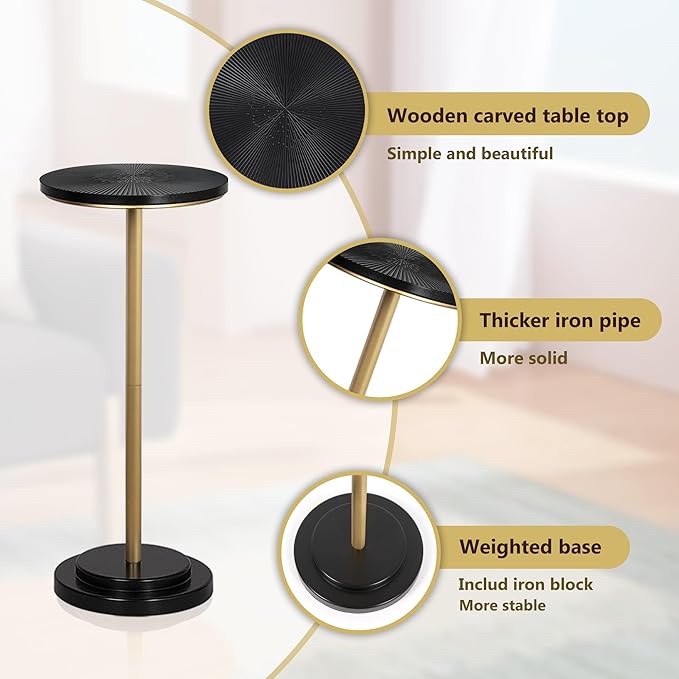 Drink Table, Small Pedestal Side Table with Wooden Carved Top for Living Room, Bedroom, Small Space, Gold and Black