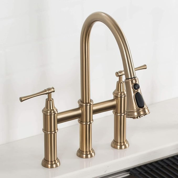 KRAUS Allyn Transitional Bridge Kitchen Faucet with Pull-Down Sprayhead in Brushed Gold, KPF-3121BG