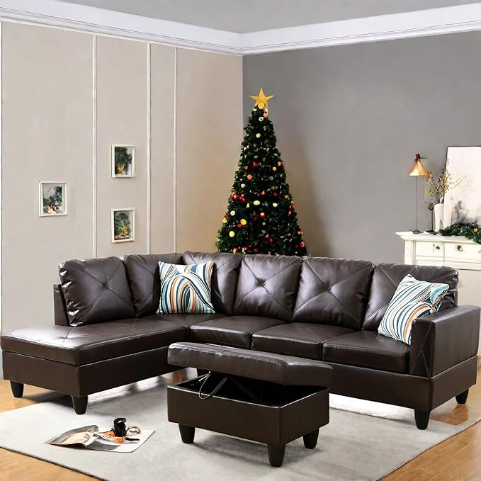L Shaped Sectional Couch with Otttoman, 97" Leather Sectional Sofa for Living Room Modular Couches with Cup Holders for Bedroom, Apartments, Brown