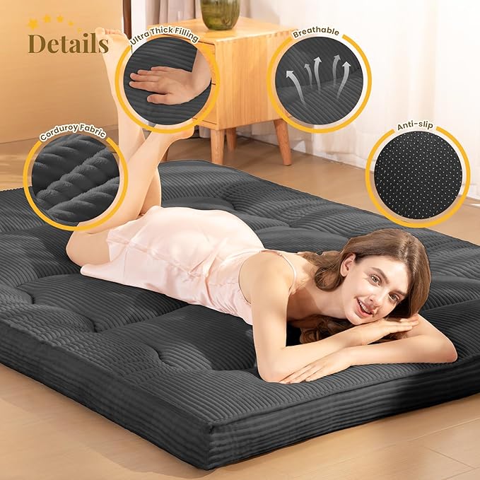 Japanese Floor Mattress, 4" Thicken Futon Mattress Queen Size Sleeping Pad, Corduroy Foldable Floor Pad, Roll Up Tatami Mat for Adults Guest Room Bedroom, Grey