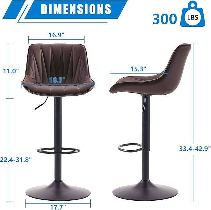 YOUNIKE Bar Stools Set of 2, Faux Leather Padded Bar Stool Counter Height Swivel Bar Chairs, Adjustable Barstools with Back for Kitchen Island, Modern Tall Bar Stools with 300LBS Support, Brown