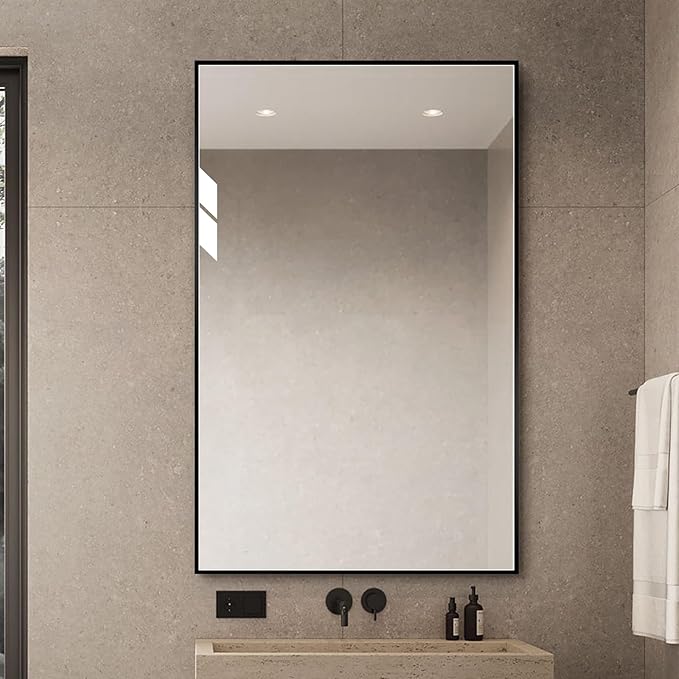 Black Bathroom Mirror for Wall, Rectangle Mirrors with Metal Frame, Modern Vanity Wall Mirror Decor for Entryway Hangs, Bathroom Living Room Horizontal or Vertical (Black, 36" L x 30" W)