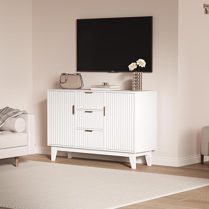 Garvee 47.2" Fluted Buffet Cabinets with Storage, Sideboard Storage Cabinet with 3 Drawers and 2 Doors, Modern Mid Century TV Stand Coffee Bar Furniture for Living Room, Kitchen, Entryway- White