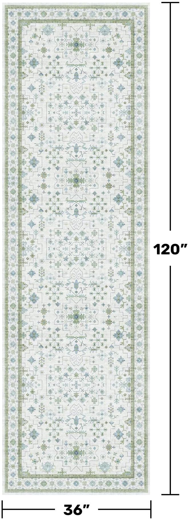 Oushak 3x10 Wide Hallway Runner Rug - Vintage Turkish Floral, Washable Low Pile Non Slip 10ft Long Runners for Kitchen, Hall Way - Light Blue and Green