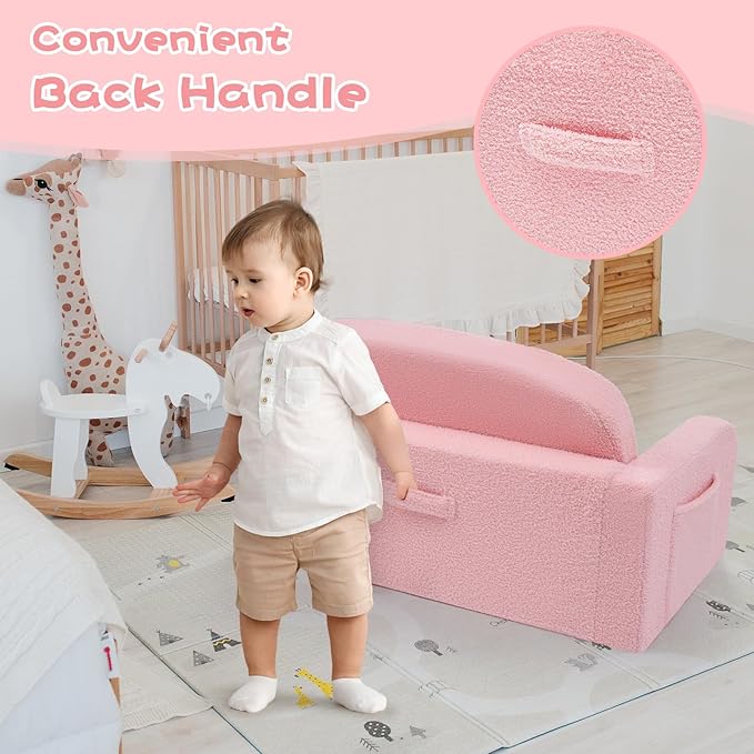 Extra Wide Kids Couch, 2-in-1 Soft Toddler Couch with Blanket, Comfy Toddler Chair, Convertible Sofa to Lounger with Cute Colorful Rainbow Design, Pink