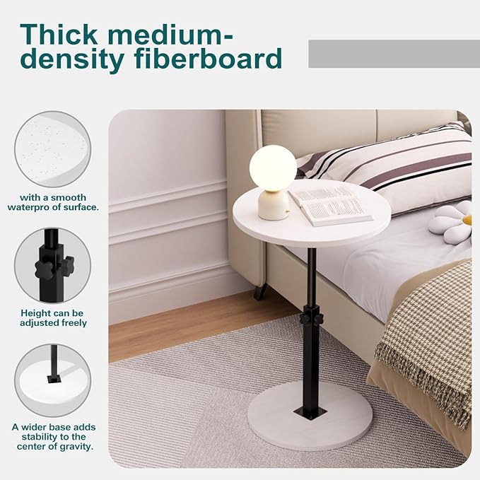 Adjustable Side Table, Round End Table, Small Bedside Table, Mid Century Modern Nightstand for Living Room, Bedroom, Corners and Office (White)