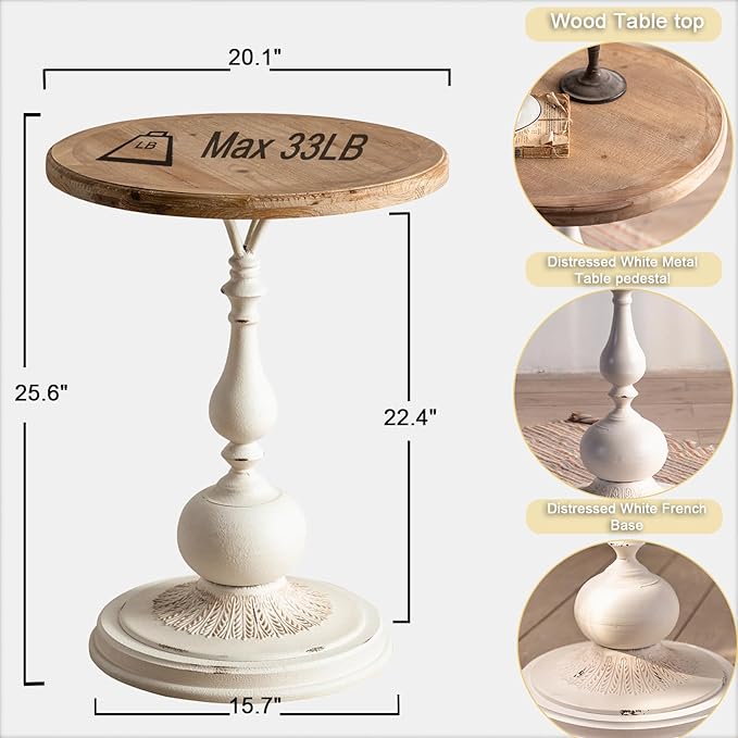 Round Side Table Living Room, Vintage End Table, French Country Round Table with Cedar Wood Accent Table for Bedroom, Entryway, Home Decor White