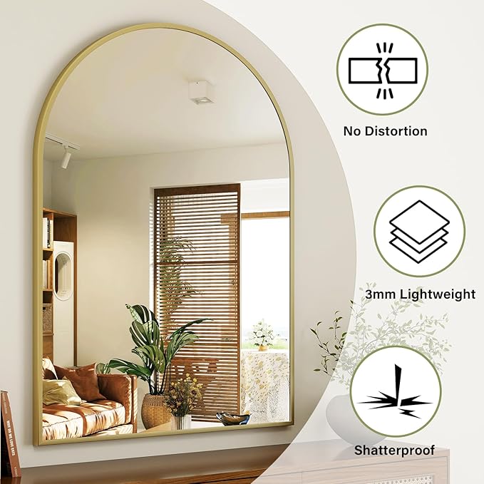 Arch Bathroom Mirror, 36x48 Inch - Wall Mounted Vanity Mirror with Aluminum Alloy Frame - Ideal for Living Room, Bedroom, Bathroom, and Entryway, Hanging or Leaning, Gold