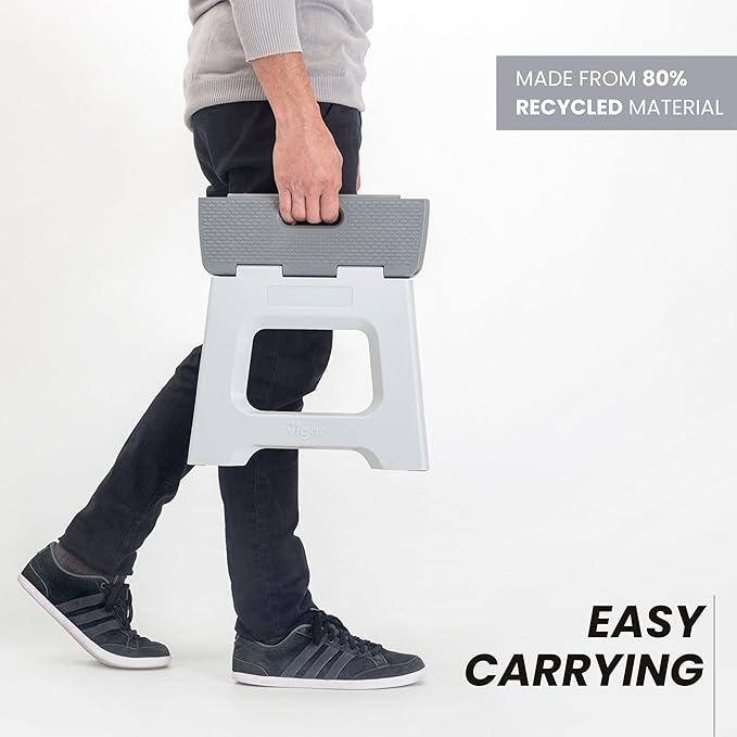 Vigar Compact Step Stool Foldable, 9-inch Step Stools for Adults up to 330 Pound, Lightweight Stool, Non-Slip Folding Step Stool, Gray