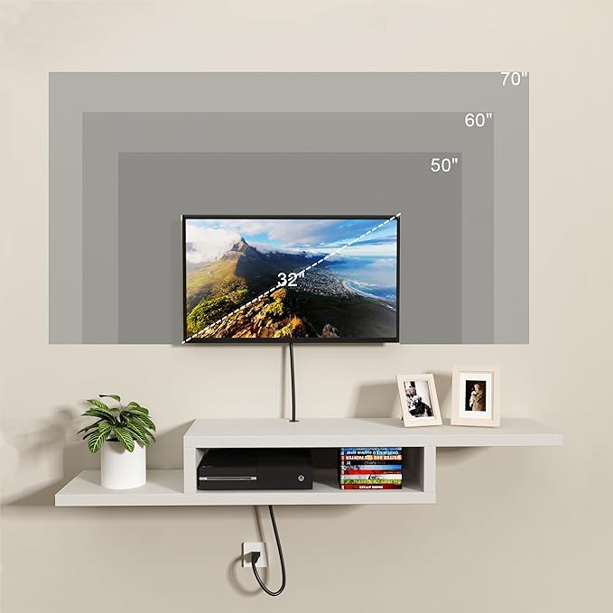 ChooChoo Wall Mounted TV Stand, Media Console Stand, 60” TV Storage Shelf, Floating TV Stand Entertainment Shelf for Living Room, Bedroom, White