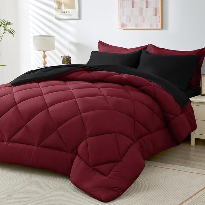 HEVUMYI Red & Black Twin-XL Comforter Set - 5-Piece All Season Bed in a Bag Twin-XL, Ultra Soft Bedding Set with Burgundy Comforter, Flat Sheet, Fitted Sheet, Pillowcases, Pillow Shams