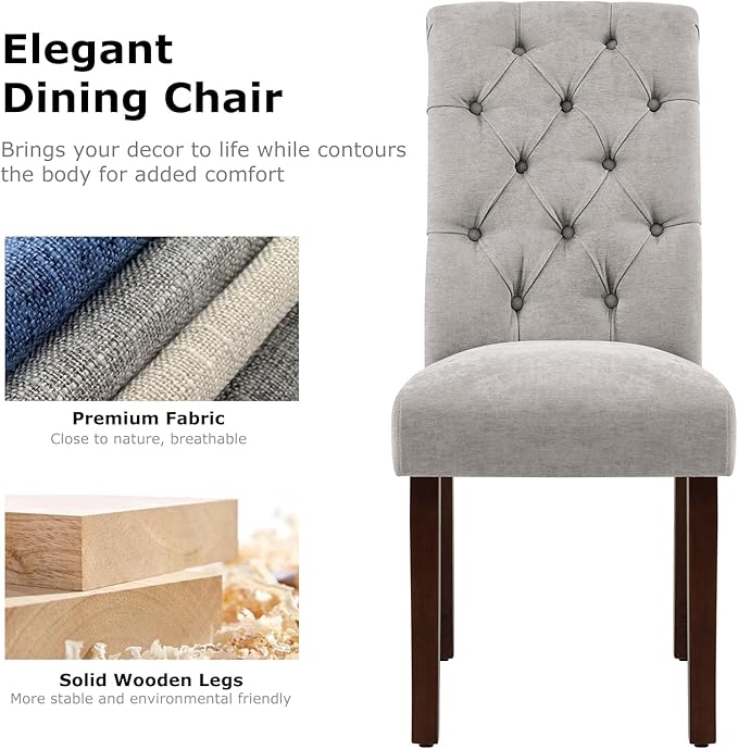COLAMY Button Tufted Dining Chairs Set of 6, Parsons Upholstered Fabric Dining Room Chairs Kitchen Chairs with Wood Legs and Padded Seat, Light Grey