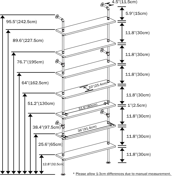 7 Tier Industrial Ladder Shelf Bookcase, Wall Mounted Rustic Bookshelf for Living Room Decor and Storage (Walnut Color, 7 Tier - 10" D x 36" W x 95.5" H)