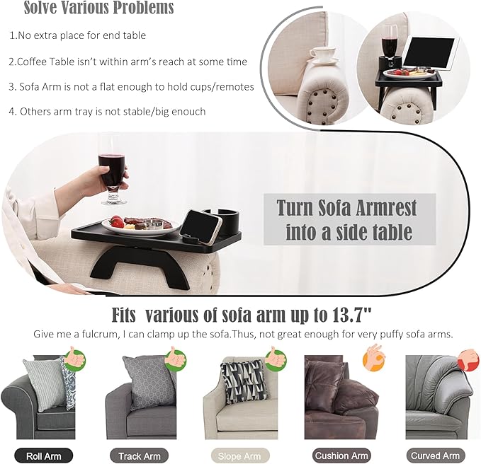 Nnewvante Couch Cup Holder,3 in 1 Large 15.36"x9.85" Bamboo Couch Arm Table Sofa Arm Clip on TV Tray Table with 360°Rotated Phone/Cup Holder, Black