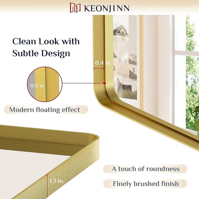 Keonjinn Gold Bathroom Mirrors for Vanity, 24 x 32 Inch Rounded Rectangle Gold Mirror for Wall, Brushed Brass Mirror with Metal Frame, HD Tempered Glass, Modern Gold Framed Mirror(Horizontal/Vertical)