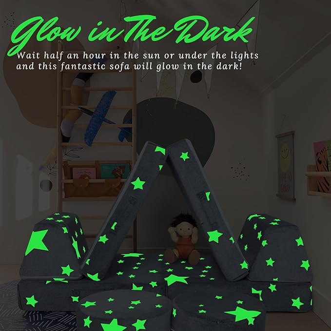 MeMoreCool 8-Piece Kids Modular Play Couch — Glow-in-The-Dark Star Foam Sofa Set for Toddlers, Convertible Fort Building & Climbing Furniture with Washable Covers, Playroom & Indoor Activity Set