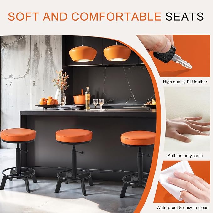 Vintage Short Bar Stools Industrial Swivel Counter Stools 17-24inch Height Adjustable Rustic Leather PU Seat Chairs for Kitchen Island Extra Seat Beside Sofa (Bright Orange)