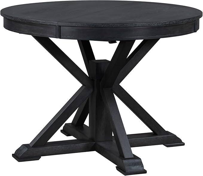 Retro Style Round Dining Table with 12" Removable Leaf for Kitchen/Living Room, Space-saving Solid Wood Tabletop Extendable Circular to Oval (42" to 54") with X-shaped Base Legs for Apartment Bistro