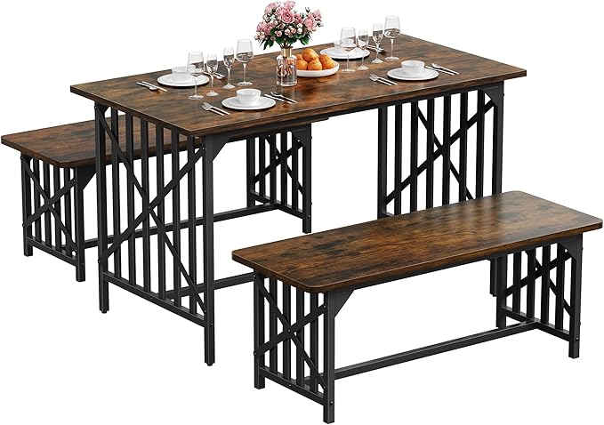 DWVO 3-Piece Kitchen Table with 2 Bench 47.2 Inch Dining Table Set for 4 People Industrial Rectangular Dining Room Furniture Set with Storage for Kitchen Rustic Brown