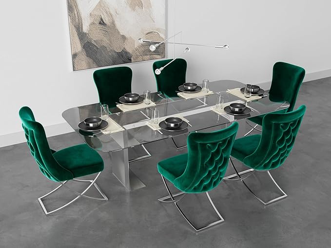 Ottomanson Royal Dining Chairs Set of 4 – Upholstered Tufted Microfiber, Assembled, Silver Metal Legs, Beech Wood Frame, 350 lb Capacity, Green