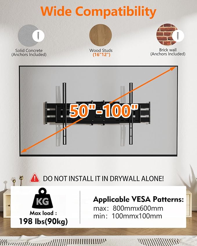 FORGING MOUNT Long Reach TV Wall Bracket Mount Swivel Tilt Full Motion TV Bracket 43 inch Articulating Arm Wall Mount,Fits 50 to 100 Inch Flat/Curve TVs,Holds 198LBS,VESA 800x600mm