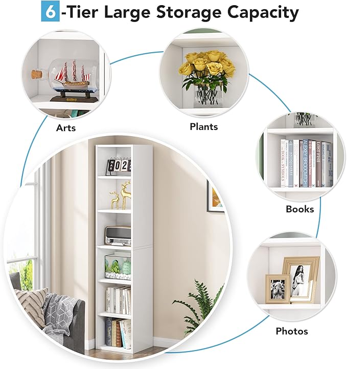 LITTLE TREE 70.9 Inch Tall Narrow Bookcase, Corner Bookshelf 6 Tier Cube Display Shelf Storage Organizer for Small Space, White