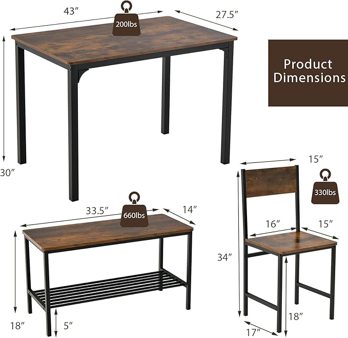 Tangkula Dining Table Set for 4, Kitchen Table and 2 Chairs for 4 with Bench, 4 Piece Dining Table Set for Small Space, Apartment