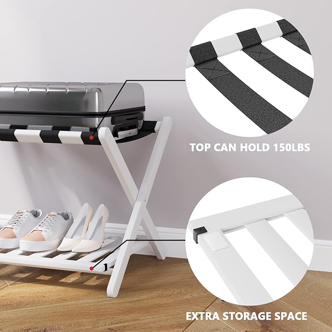 Fully Assembled White Bamboo Luggage Rack, 5 Straps Folding Suitcase Stand with Shoe Shelf, Heavy Duty Wood Large Luggage Holders for Guest Room, Bedroom, Hotel