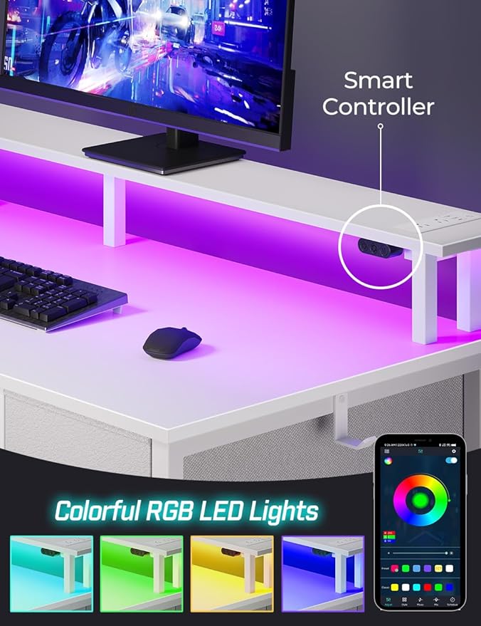 Seventable Computer Desk with Power Outlets & LED Light, 47 inch Home Office Desk with 5 Drawers, Writing Desk with Monitor Stand, Work Desk for Home Office, White