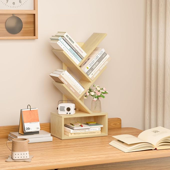 Small Tree Book Shelf,5 Tier Black Tree Bookshelf,Wood Desktop Bookcase,Modern Desk Display Storage Bookshelves,Floor Standing Organizer Bookcases for Living Room,Bedroom,Office