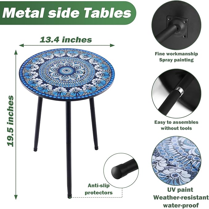 2 Packs Metal Mosaic Round Side Table 13.4" Small Outdoor Patio Round Accent Coffee Tables Indoor Corner Stand for Small Spaces Weather-Resistant for Balcony Plant Stand