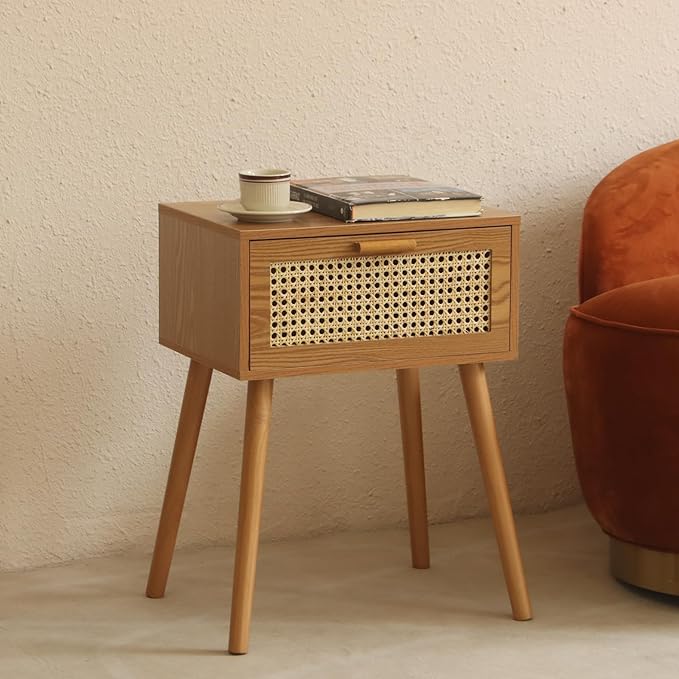 AWASEN Mid Century Nightstand, Rattan Side Table with Drawer, Modern Bedside Table with Storage and Solid Wood Legs for Living Room, Bedroom and Small Space (Brown)